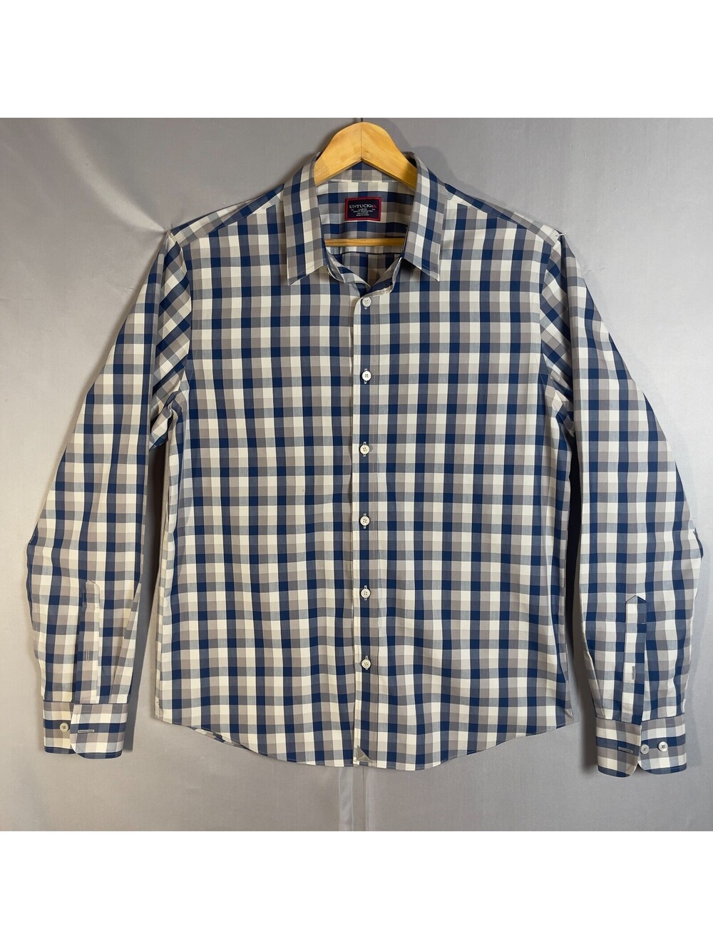UNTUCKit Men’s Large Slim Fit Wrinkle Free Plaid Button Down Shirt Blue Gray